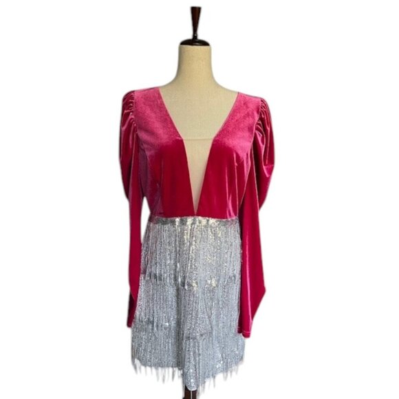 Double Crazy Dress Pink Magenta Puff Long Sleeve Sequin Fringe V Neck Large NWOT - Picture 1 of 14